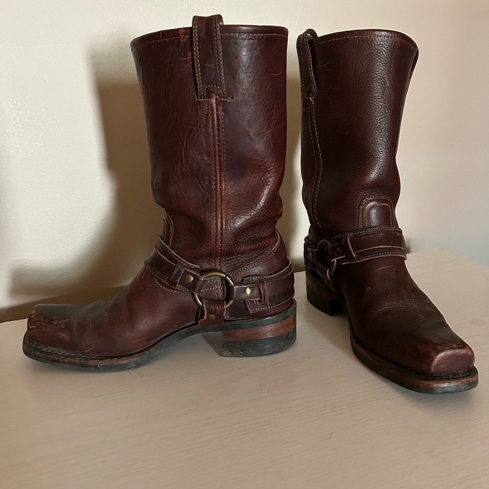 Frye Dark Brown Leather Harness Mid-Calf Heeled Boots